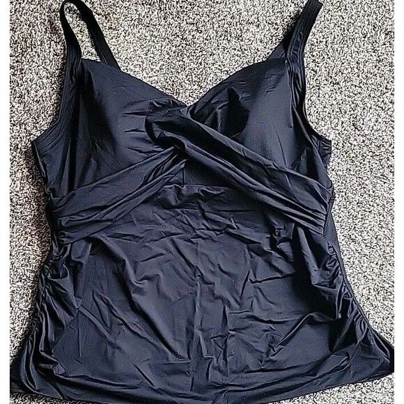 Lands' End Swim Top Black 22W Wrap Front Tankini 2X Solid Tummy Control S1009 - Picture 1 of 5